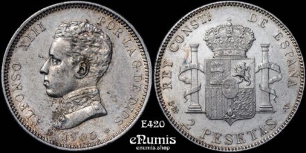 SPAIN, Alfonso XIII, 2 Pesetas 1905 SM-V, aUNC