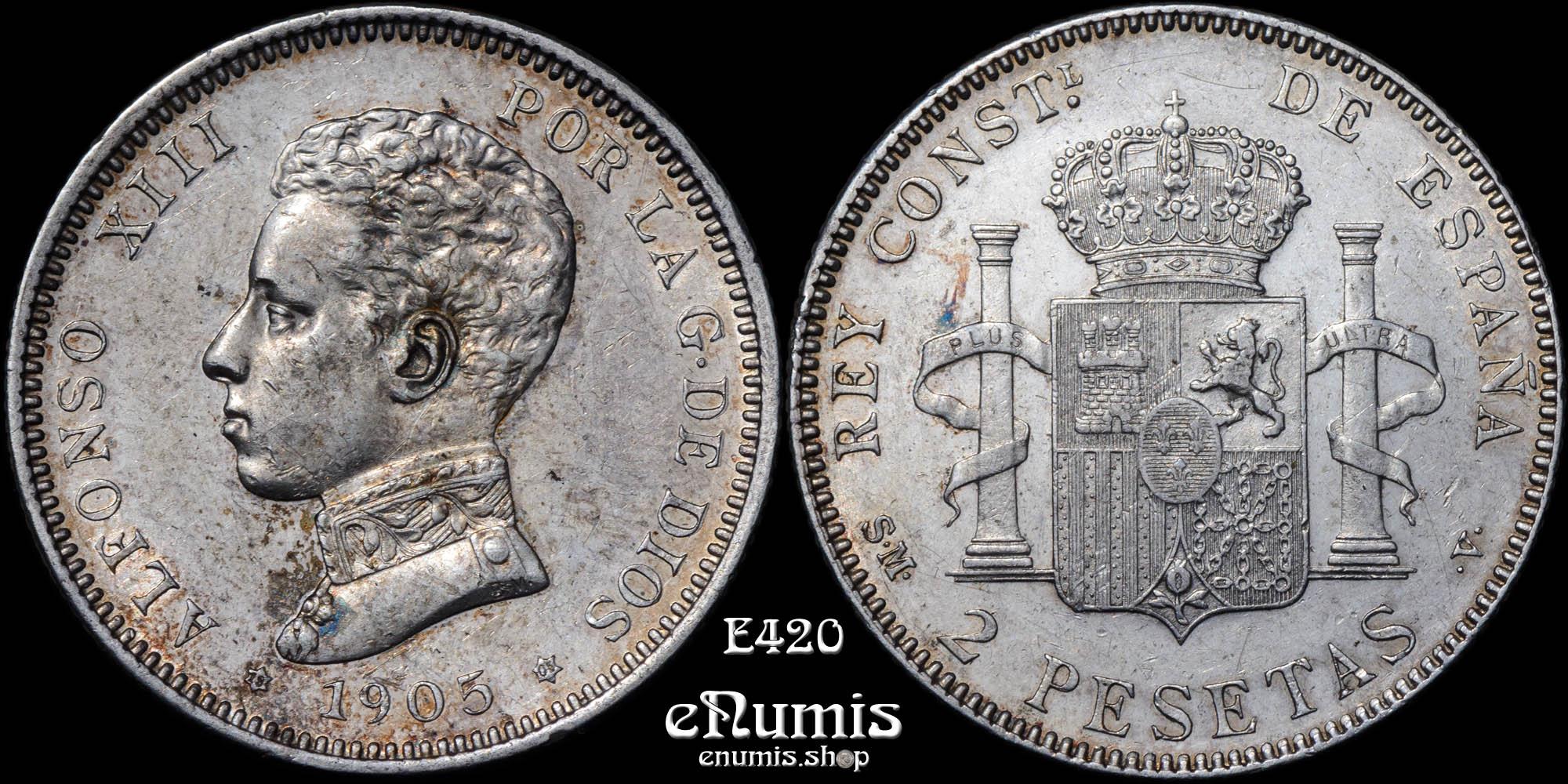 SPAIN, Alfonso XIII, 2 Pesetas 1905 SM-V, aUNC