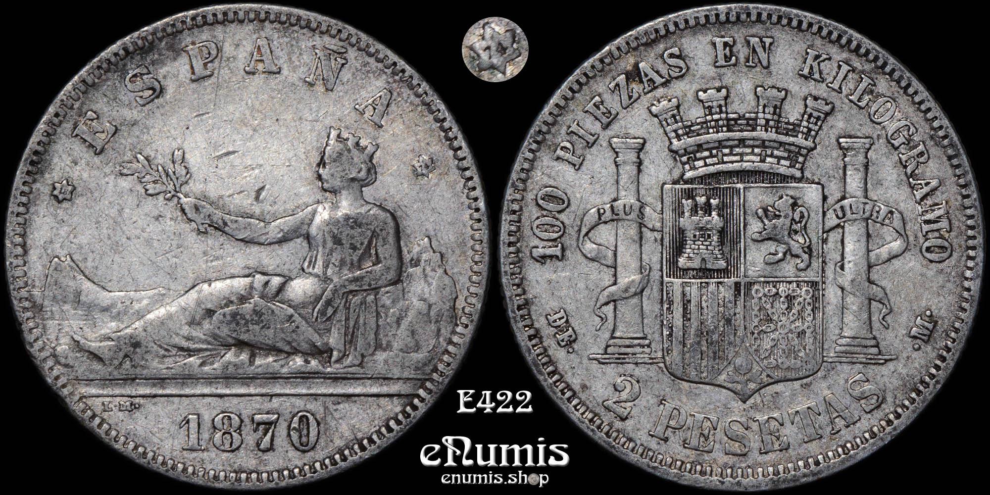 SPAIN, Provisional Government, 2 Pesetas 1870 (1874) DE-M, VF