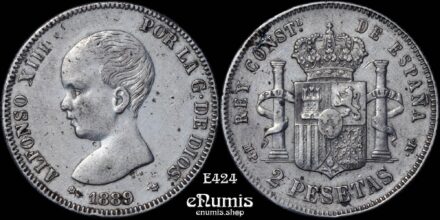 SPAIN, Alfonso XIII, 2 Pesetas 1889 MP-M, VF-XF/XF