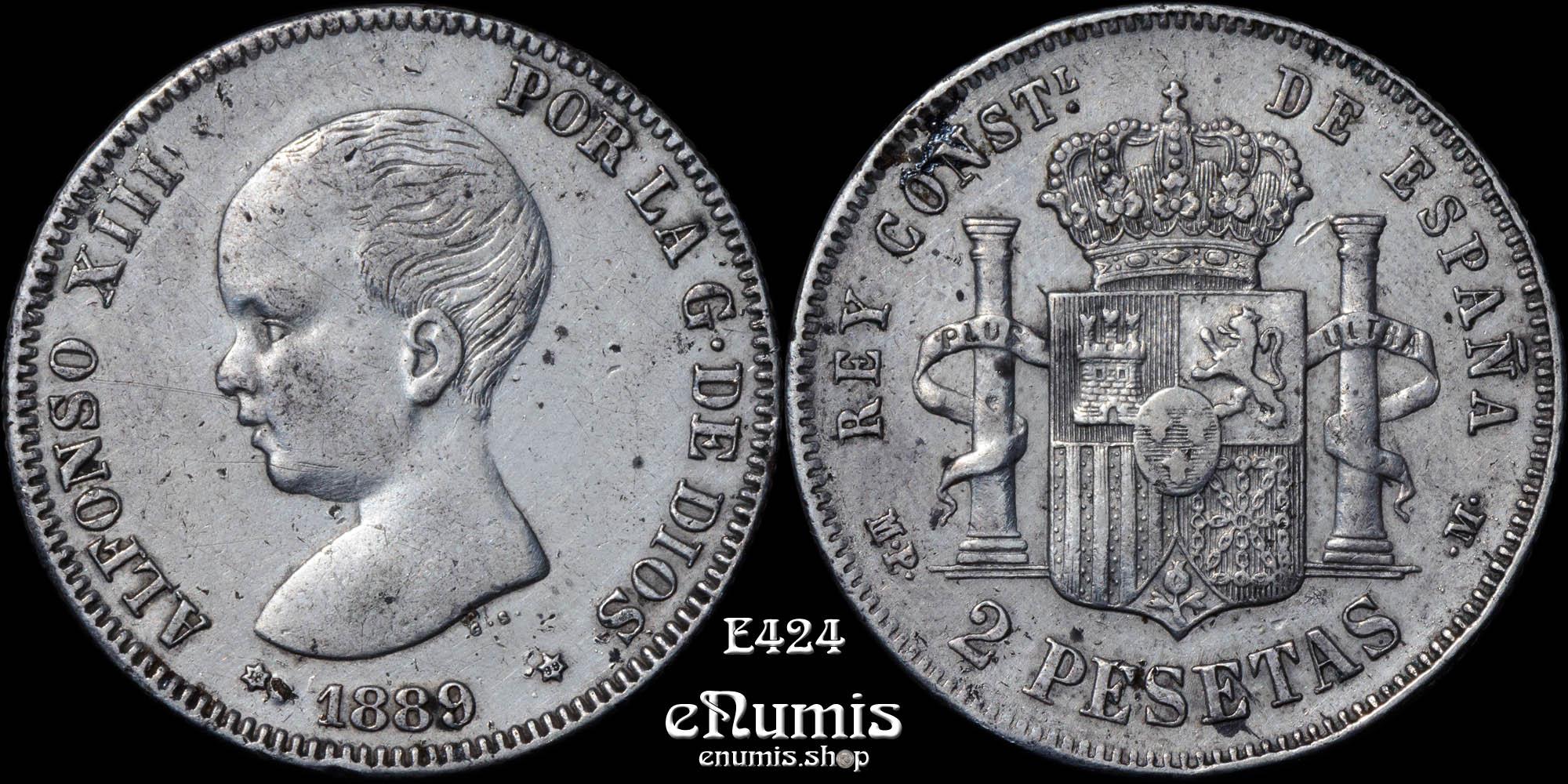 SPAIN, Alfonso XIII, 2 Pesetas 1889 MP-M, VF-XF/XF