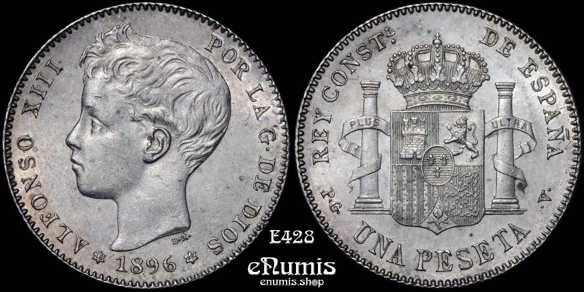 SPAIN, Alfonso XIII, 1 Peseta 1896 PG-V, UNC