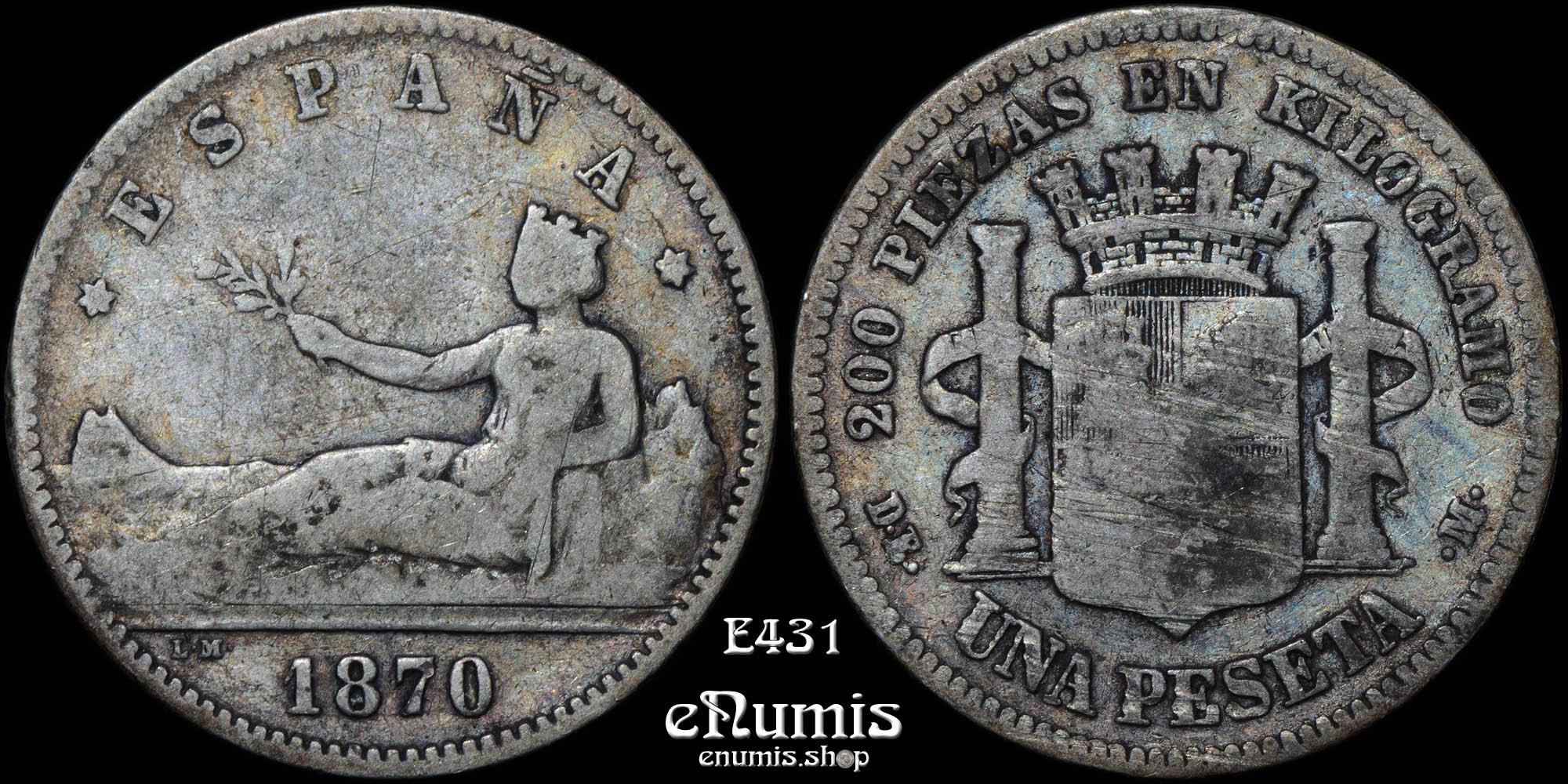 SPAIN, Provisional Government, 1 Peseta 1870 (1873) DE-M, F-VF