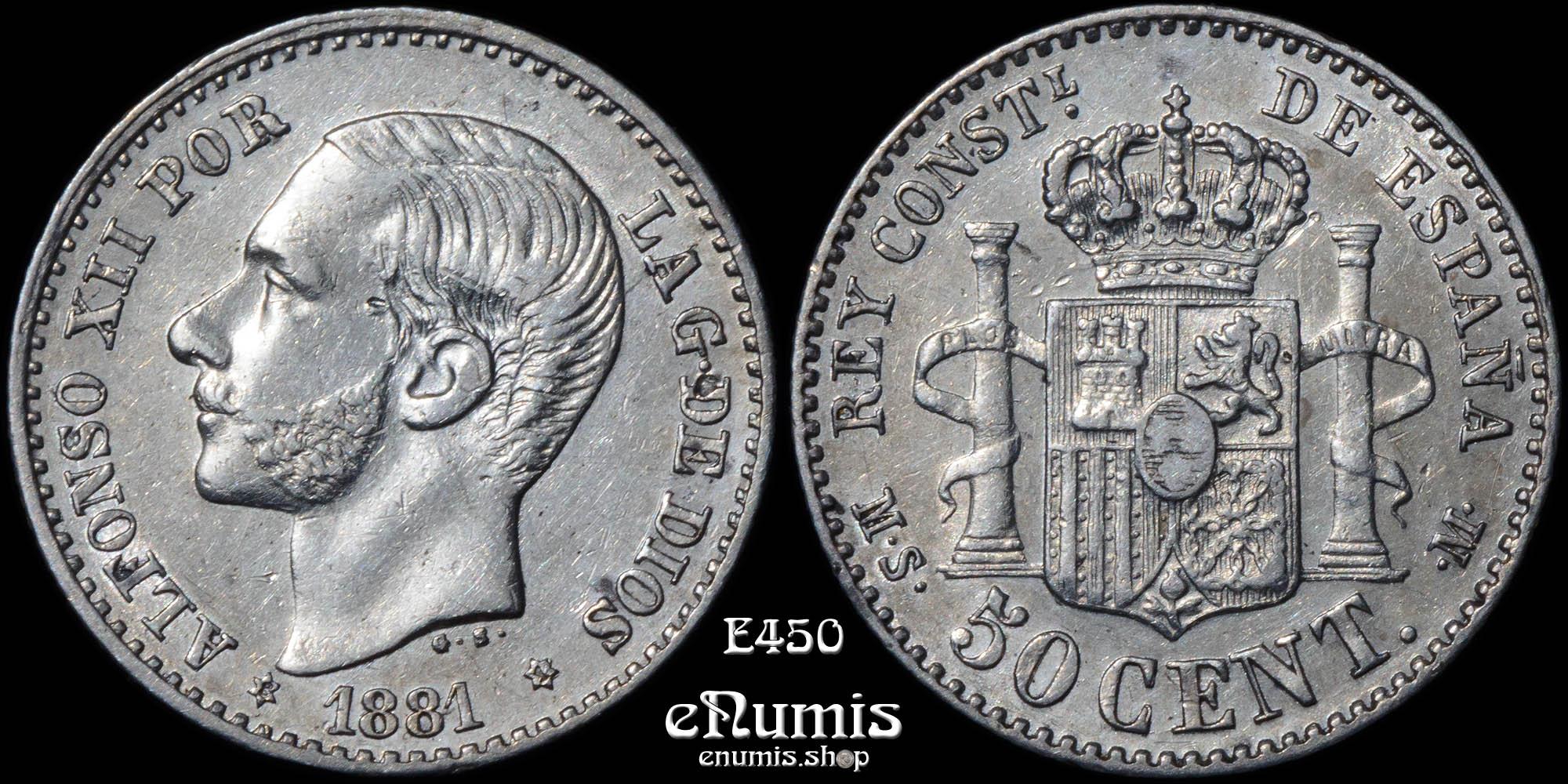 SPAIN, Alfonso XII, 50 Centimos 1881 MS-M, aUNC