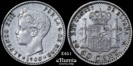 SPAIN, Alfonso XIII, 50 Centimos 1900 SM-V, XF-UNC