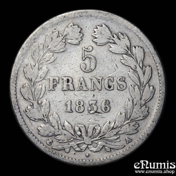フランス 1836年 ルイ・フィリップ1世 5フラン 大型銀貨 古銭 France, Louis Philippe, 5 Francs 1836 A, Paris, aVF • eNumis