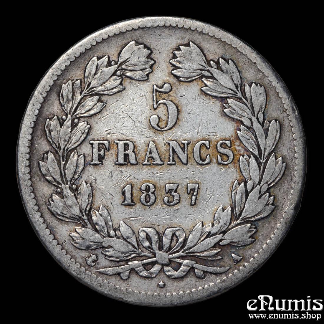 FRANCE, Louis Philippe, 5 Francs 1837 A, Paris, VF