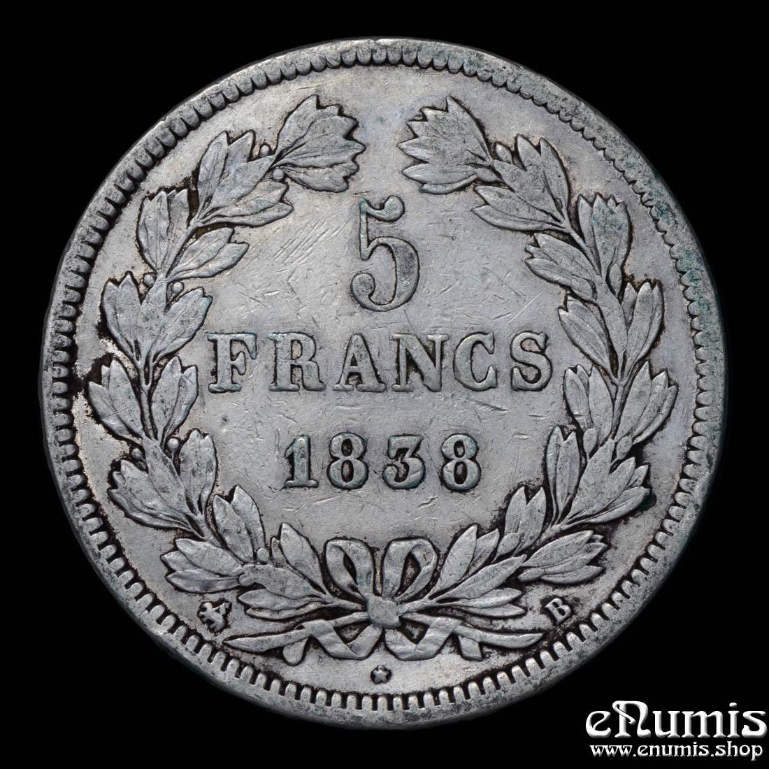 FRANCE, Louis Philippe, 5 Francs 1838 B, Rouen, aVF