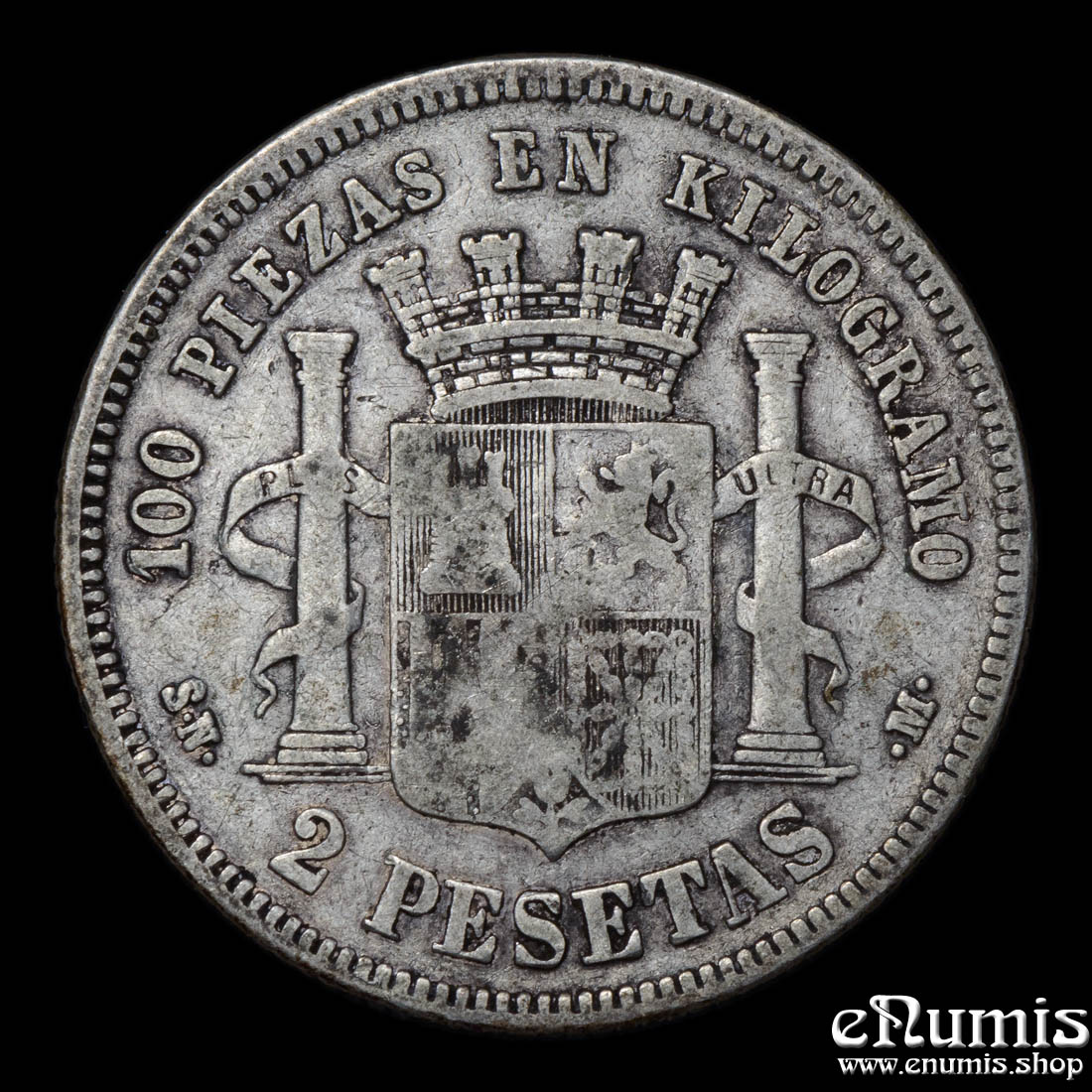 SPAIN, Provisional Government, 2 Pesetas 1869 SN-M, aVF