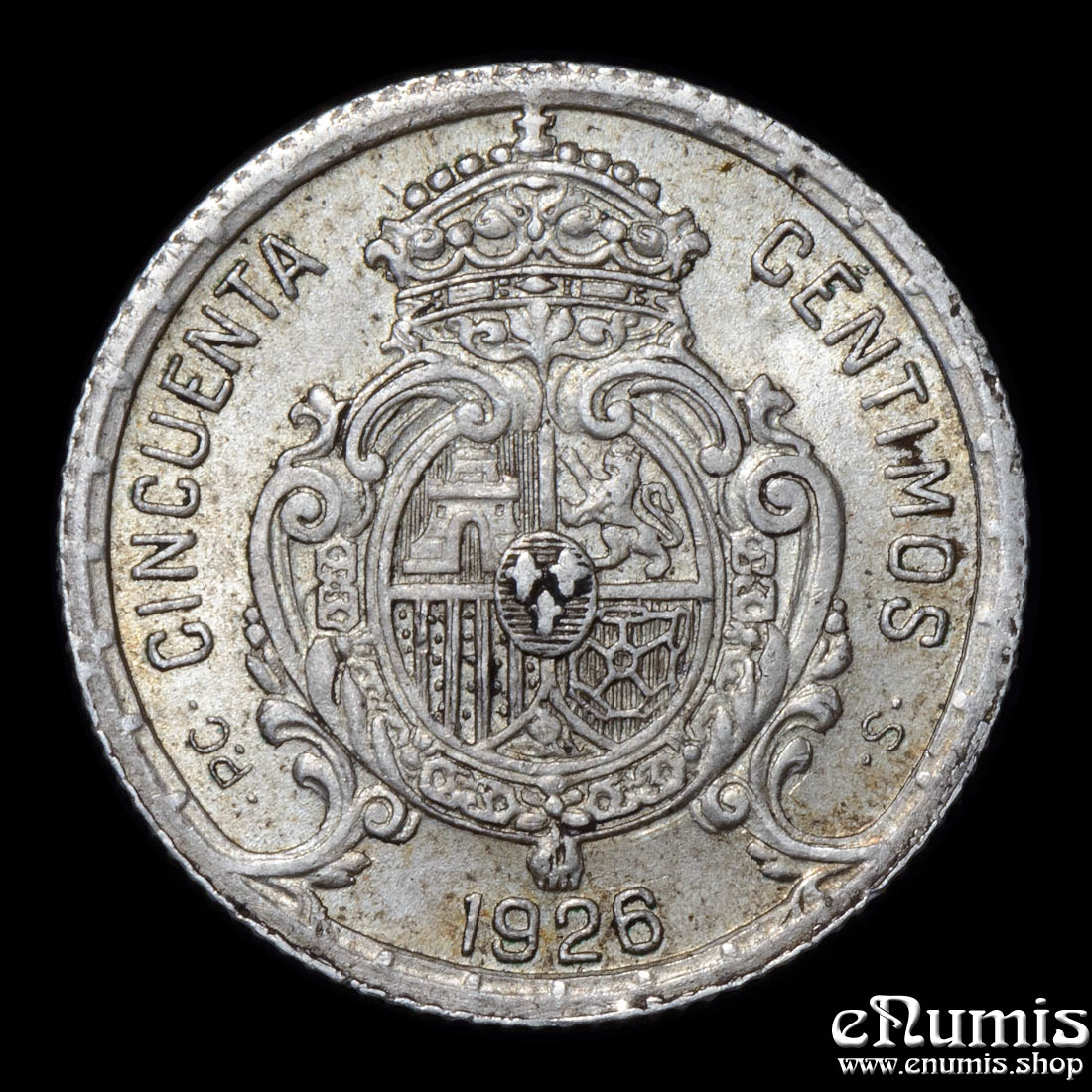 SPAIN, Alfonso XIII, 50 Centimos 1926 PC-S, aUNC