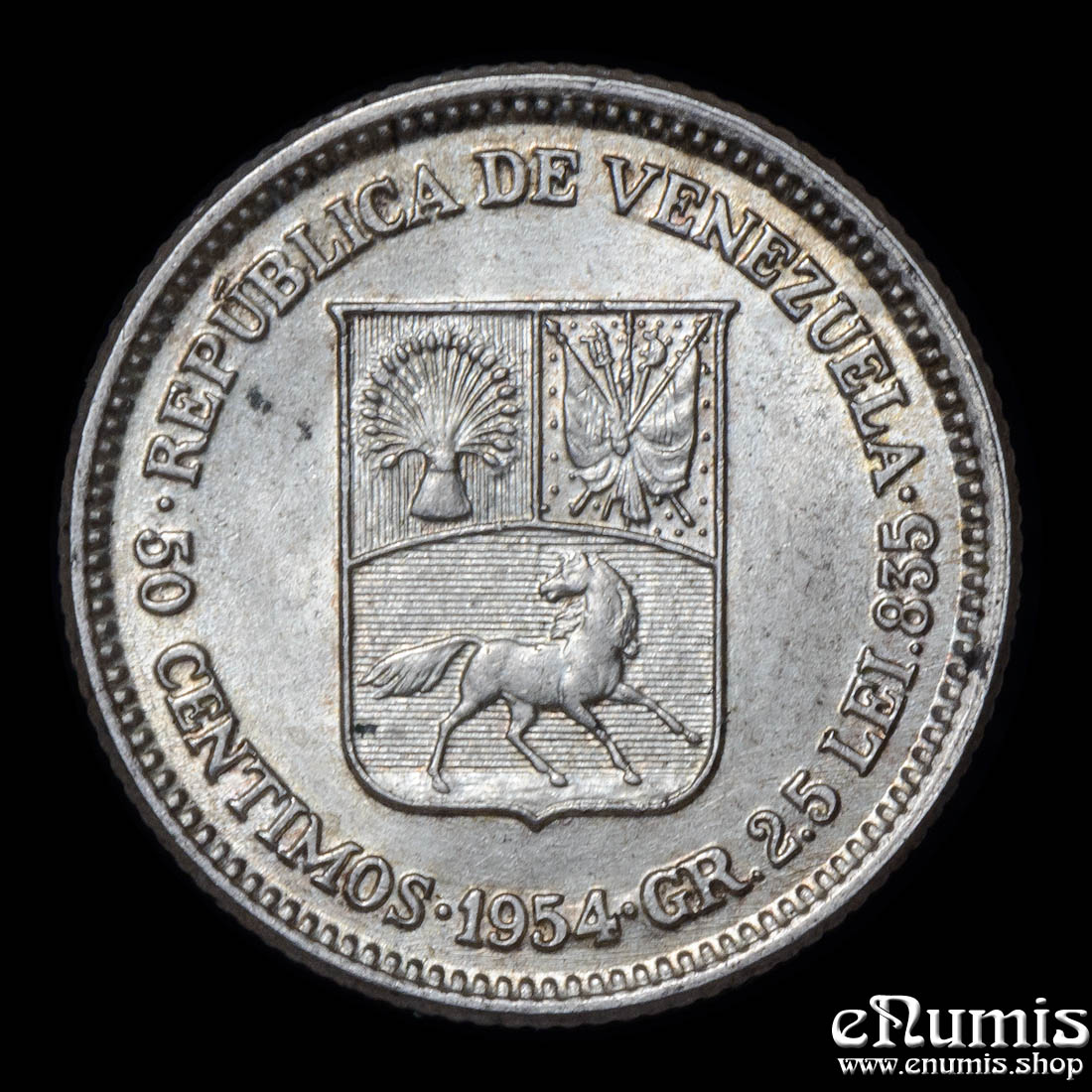 Venezuela, 50 Centimos 1954, silver, UNC
