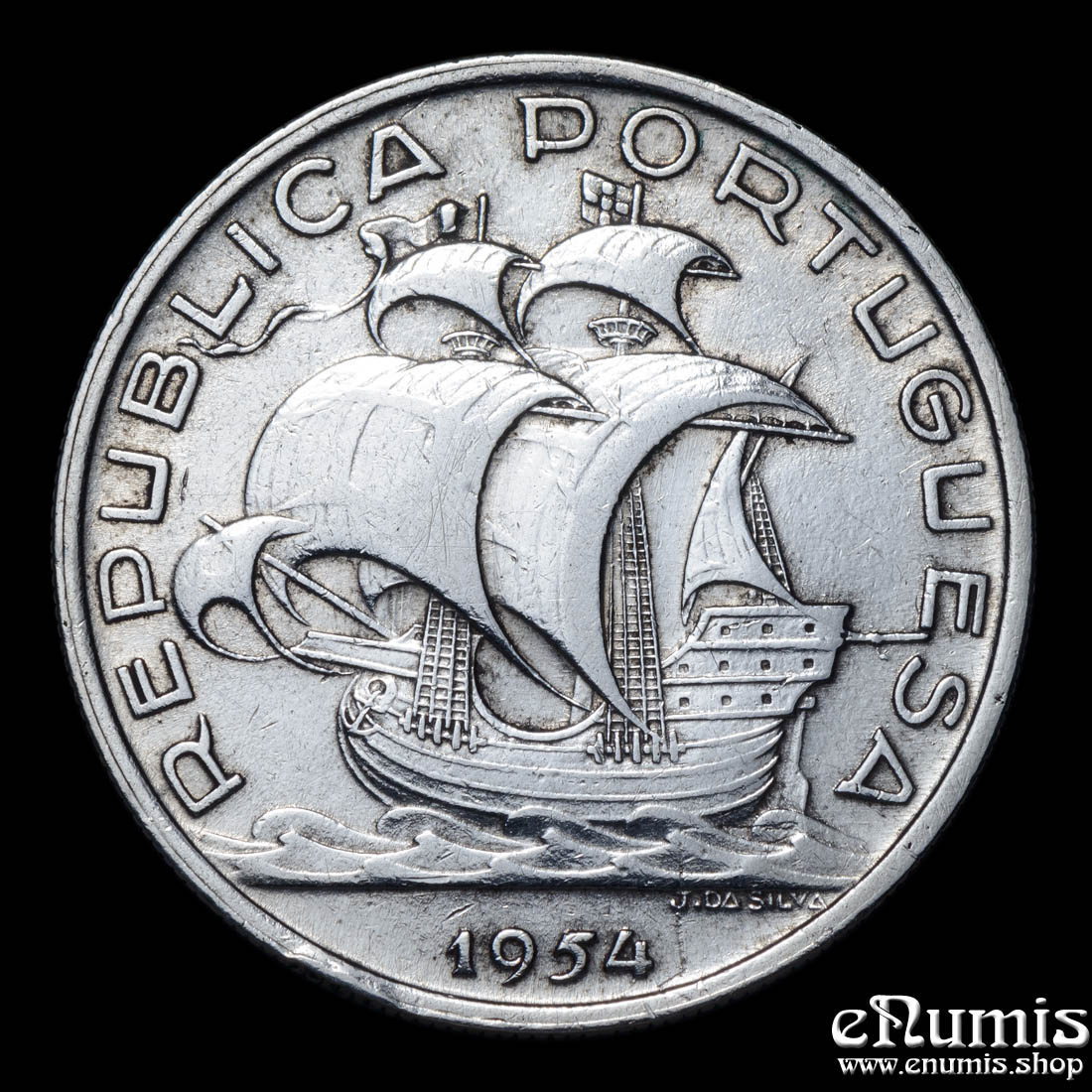 PORTUGAL, 10 Escudos 1954, silver, VF-XF