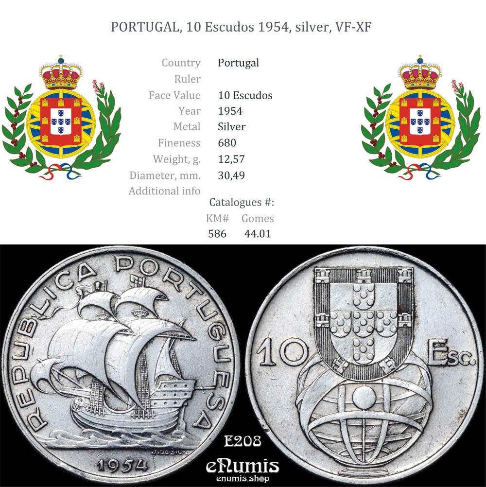 PORTUGAL, 10 Escudos 1954, silver, VF-XF