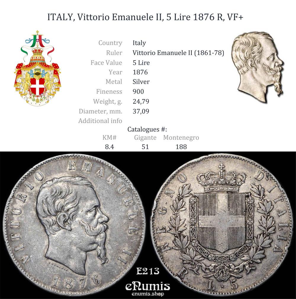 ITALY, Vittorio Emanuele II, 5 Lire 1876 R, VF+