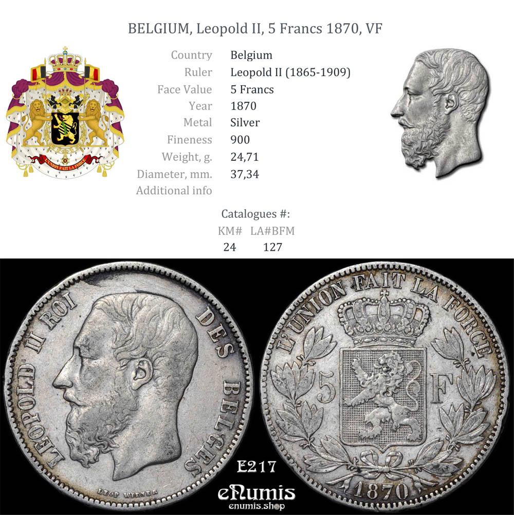 BELGIUM, Leopold II, 5 Francs 1870, VF