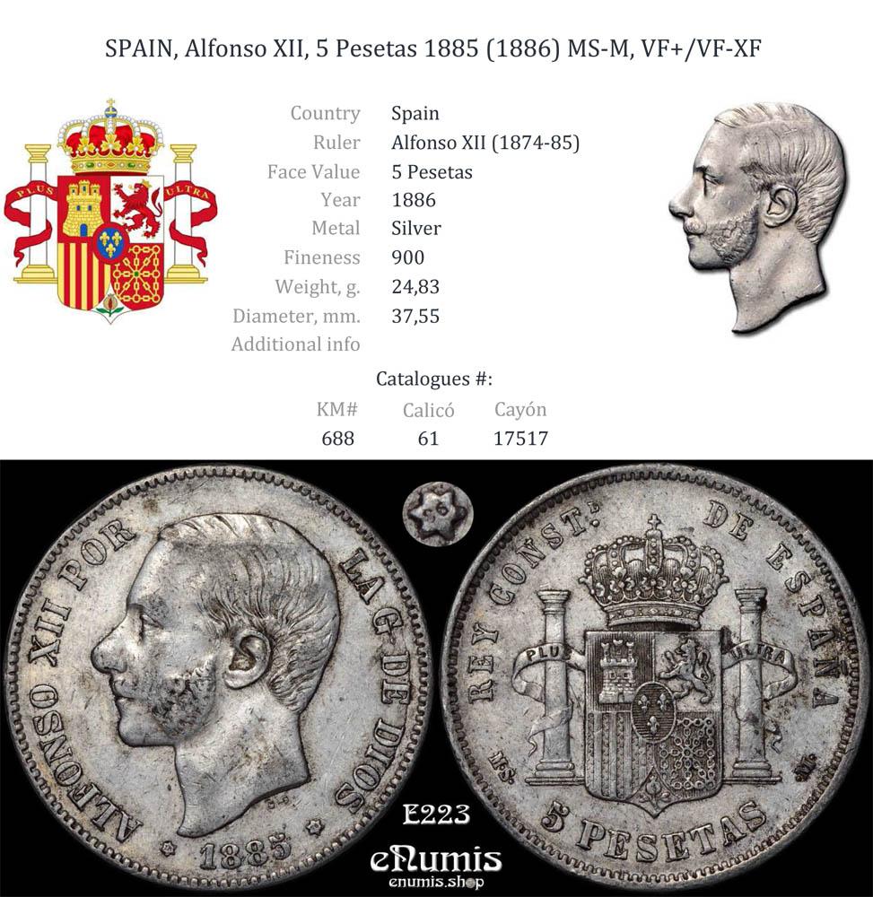 SPAIN, Alfonso XII, 5 Pesetas 1885 (1886) MS-M, VF+/VF-XF