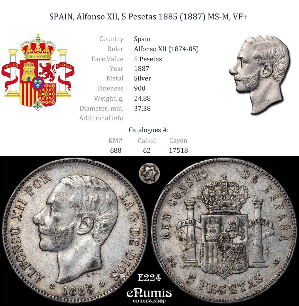 SPAIN, Alfonso XII, 5 Pesetas 1885 (1887) MS-M, VF+