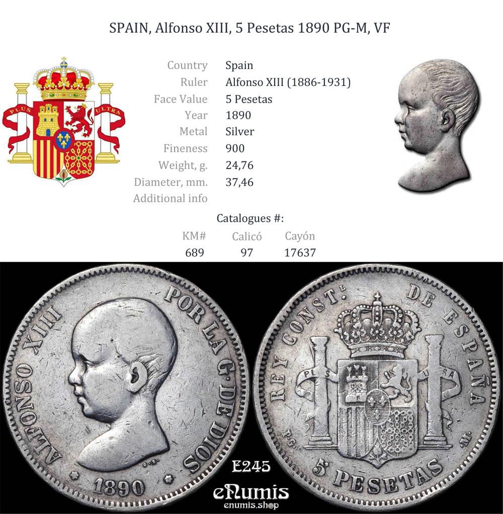 SPAIN, Alfonso XIII, 5 Pesetas 1890 PG-M, VF