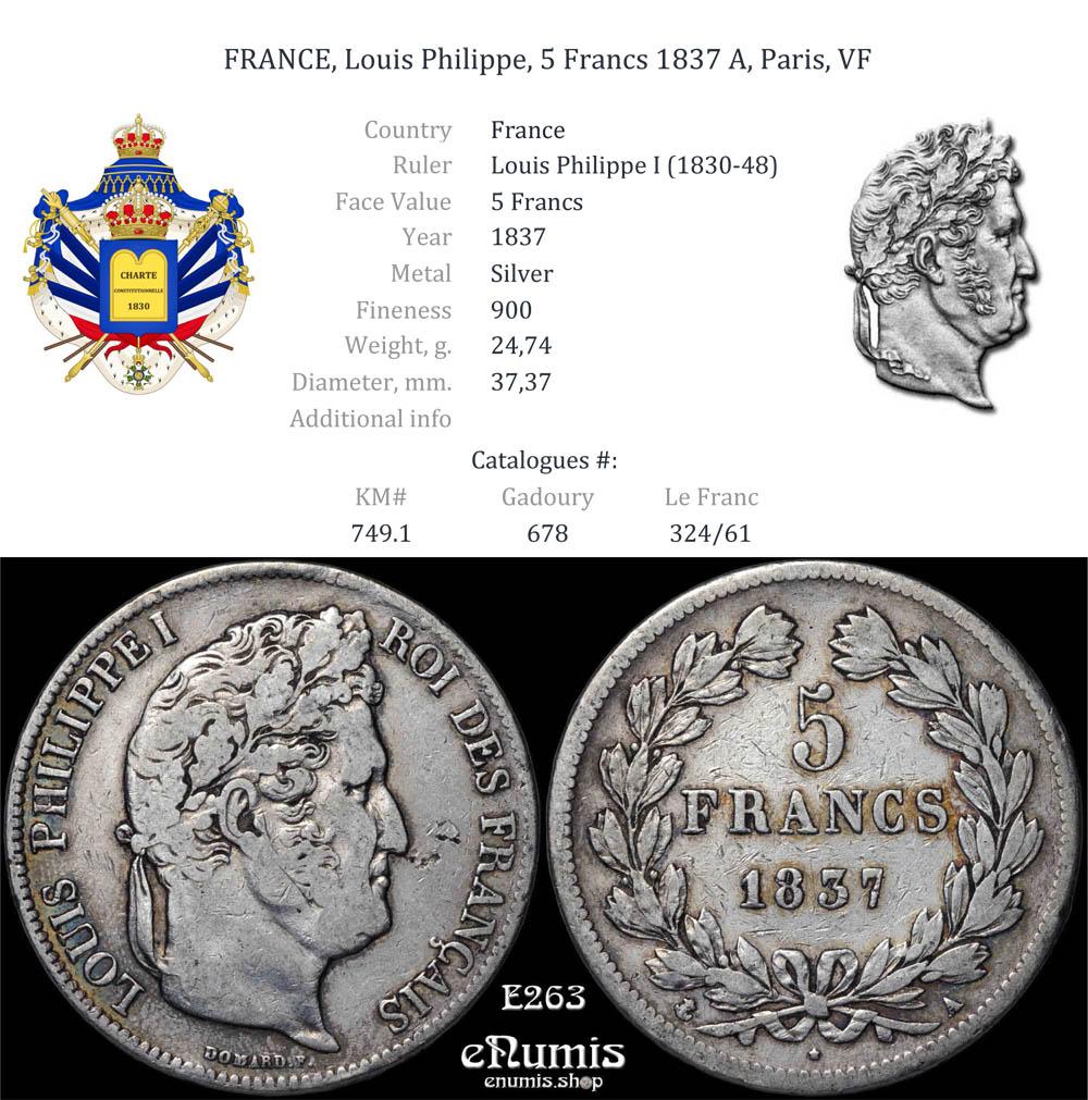 FRANCE, Louis Philippe, 5 Francs 1837 A, Paris, VF