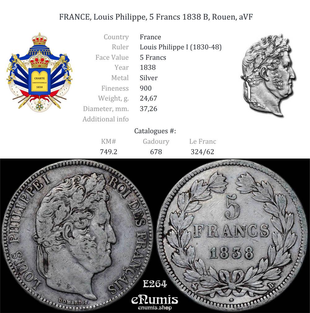 FRANCE, Louis Philippe, 5 Francs 1838 B, Rouen, aVF