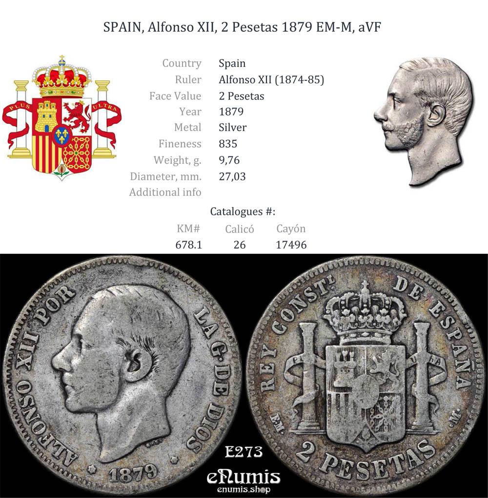 SPAIN, Alfonso XII, 2 Pesetas 1879 EM-M, aVF