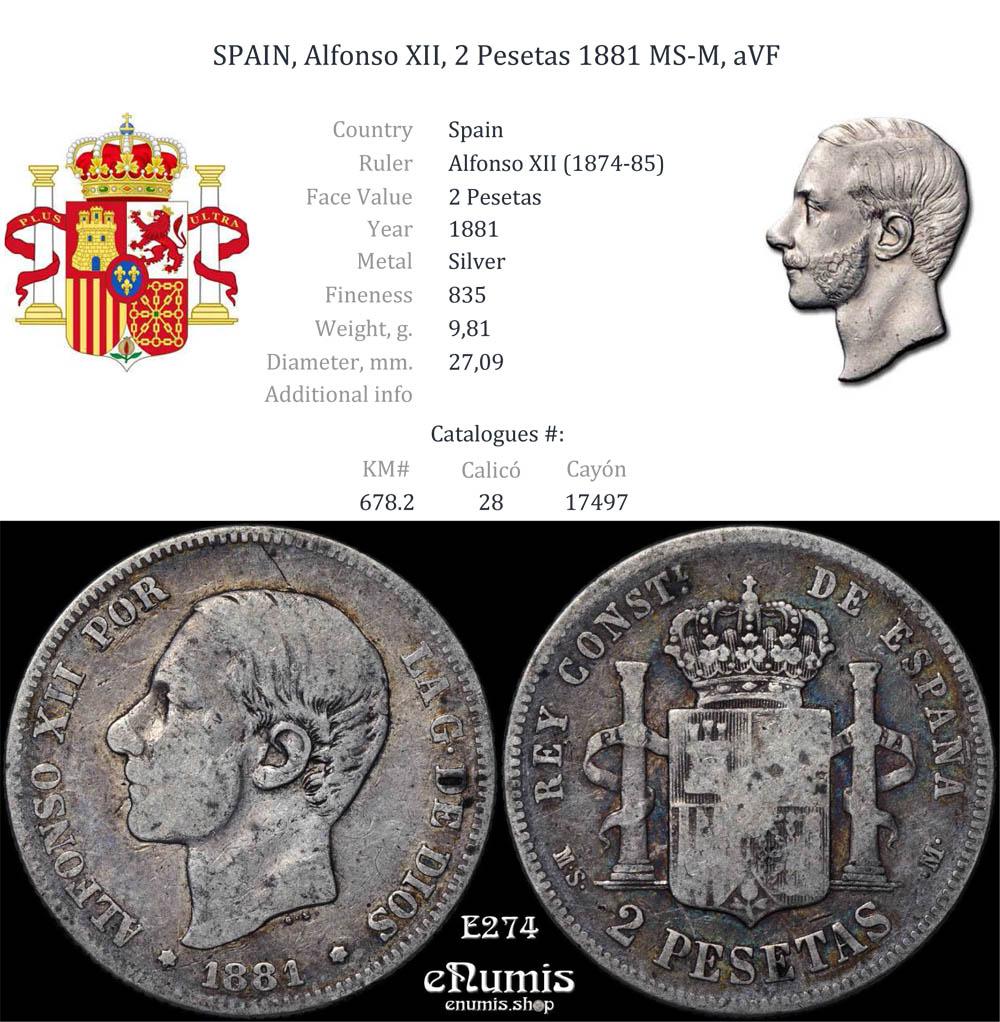 SPAIN, Alfonso XII, 2 Pesetas 1881 MS-M, aVF