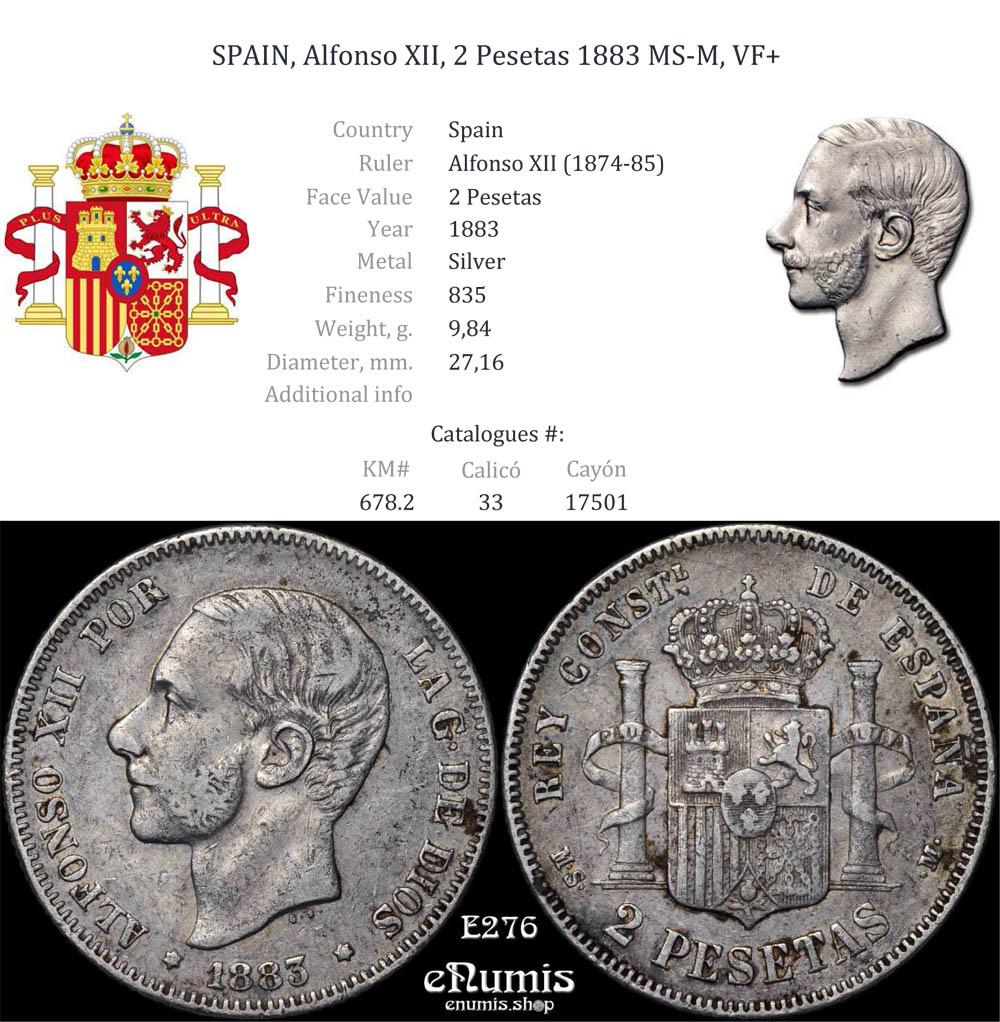 SPAIN, Alfonso XII, 2 Pesetas 1883 MS-M, VF+