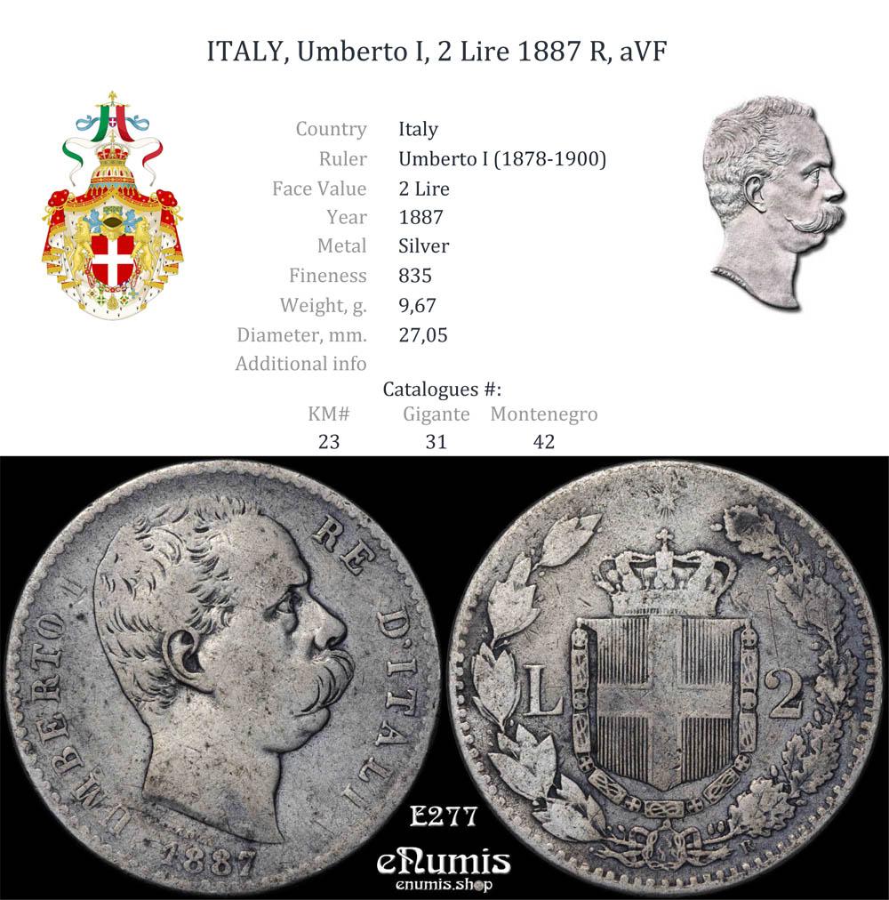 ITALY, Umberto I, 2 Lire 1887 R, aVF ITALY, Umberto I, 2 Lire 1887 R, aVF