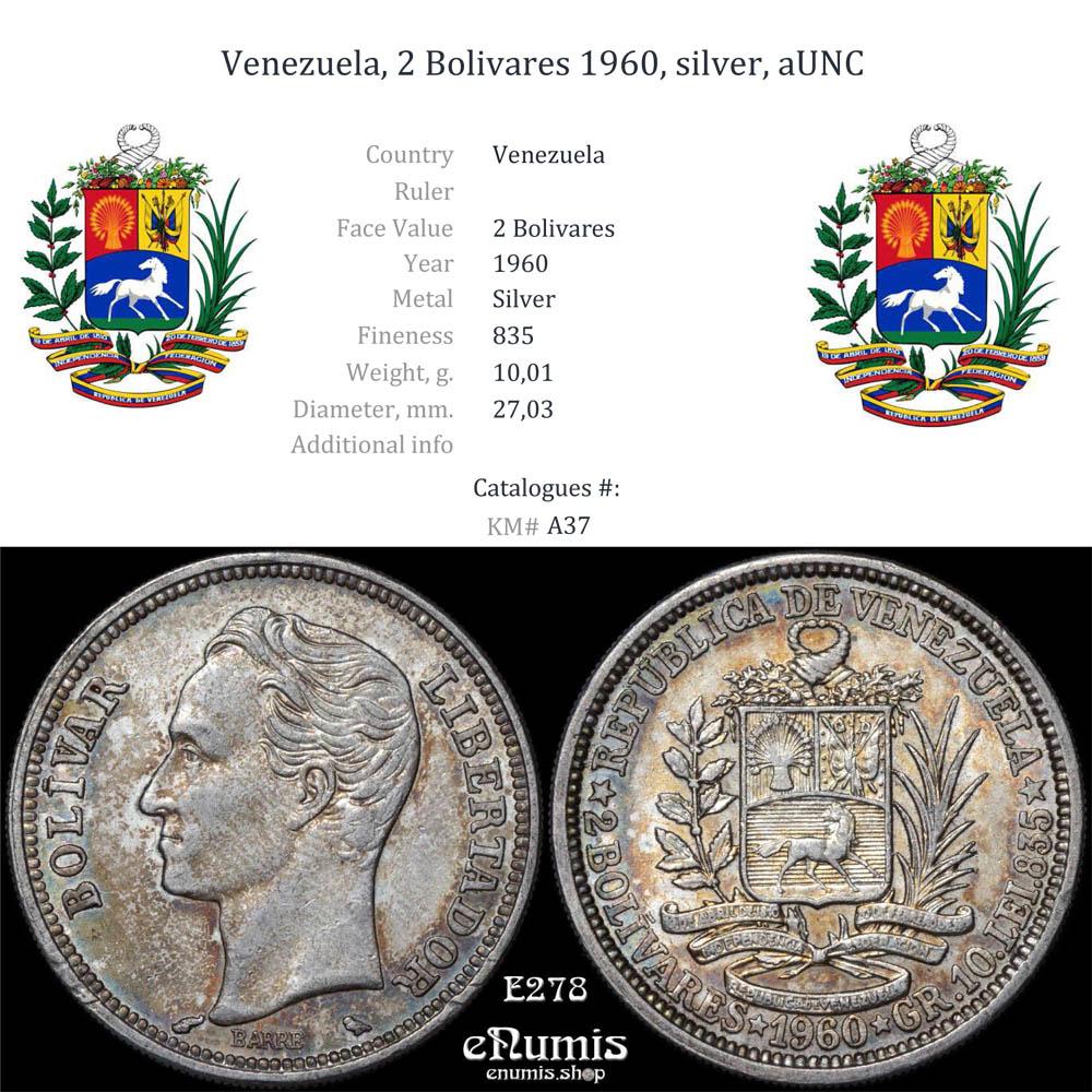 Venezuela, 2 Bolivares 1960, silver, aUNC