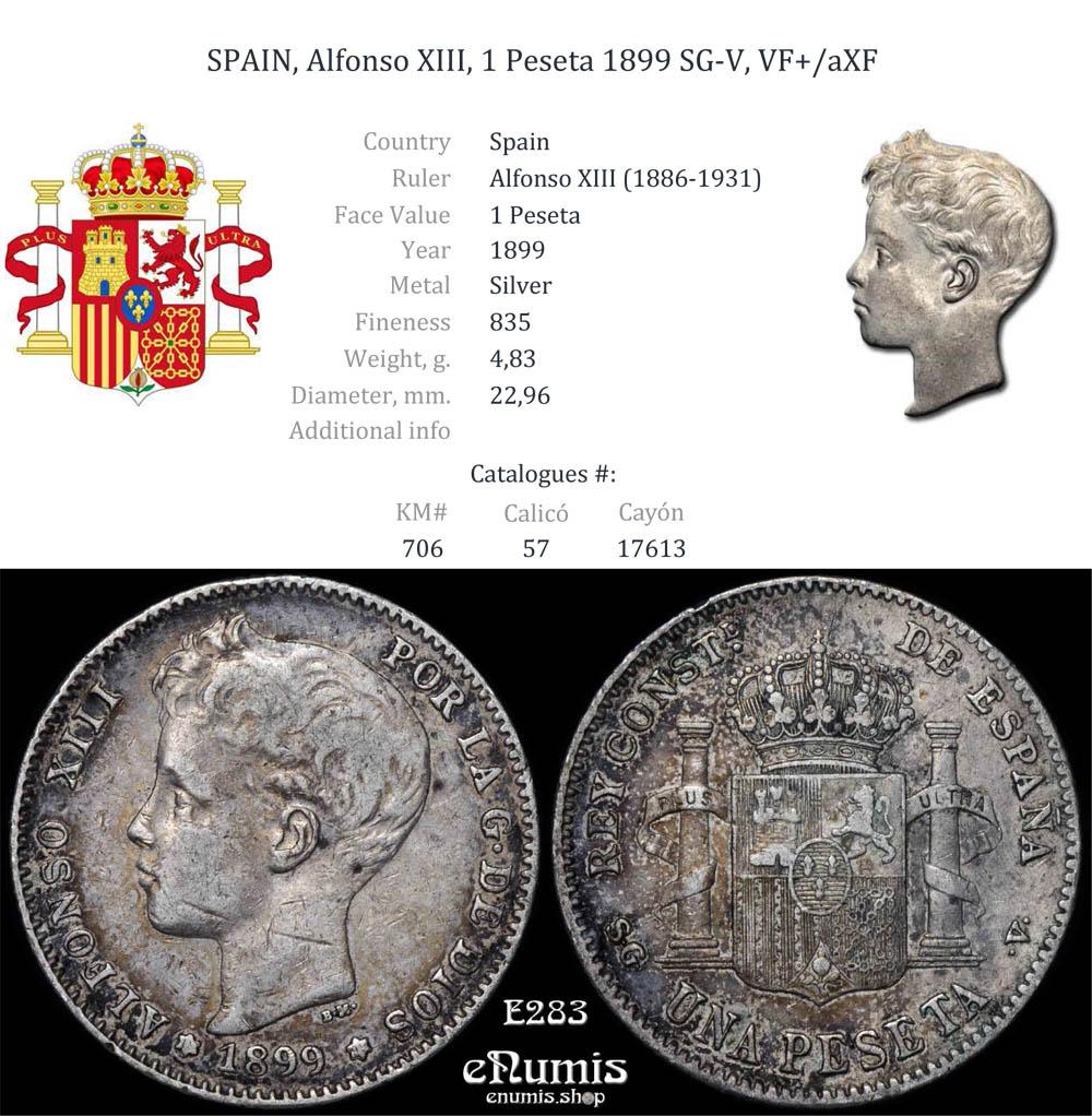 SPAIN, Alfonso XIII, 1 Peseta 1899 SG-V, VF+/aXF SPAIN, Alfonso XIII, 1 Peseta 1899 SG-V, VF+/aXF