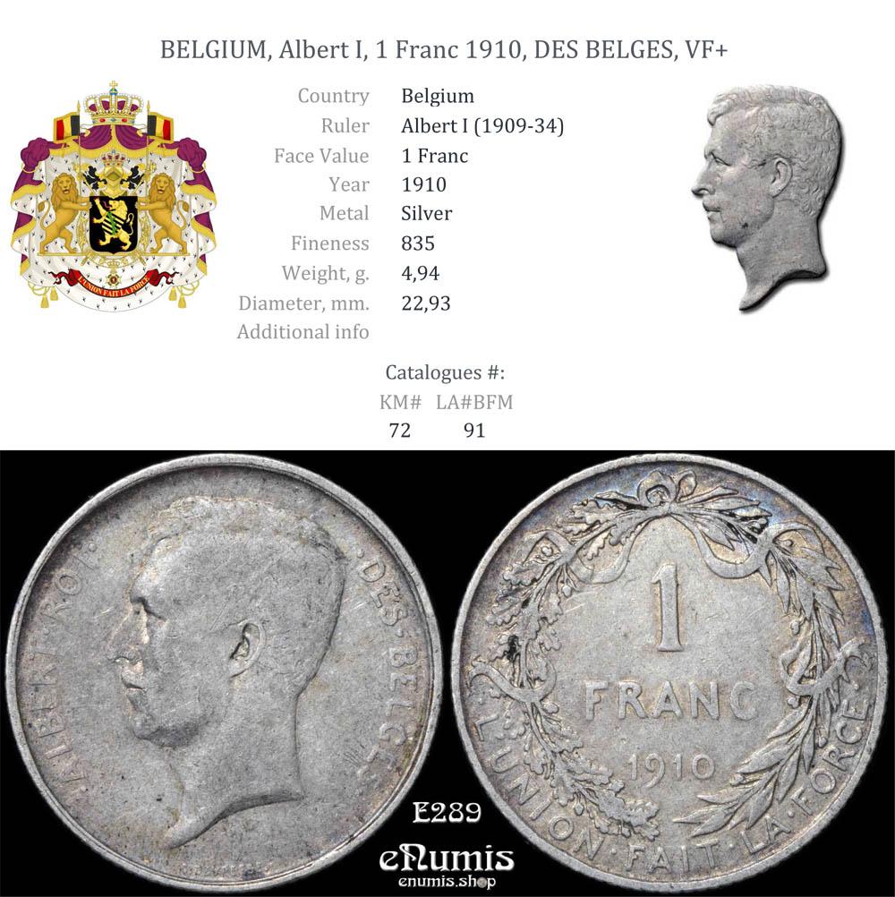 BELGIUM, Albert I, 1 Franc 1910, DES BELGES, VF+