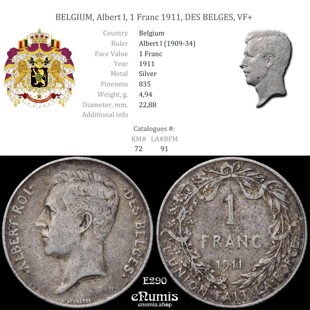 BELGIUM, Albert I, 1 Franc 1911, DES BELGES, VF+