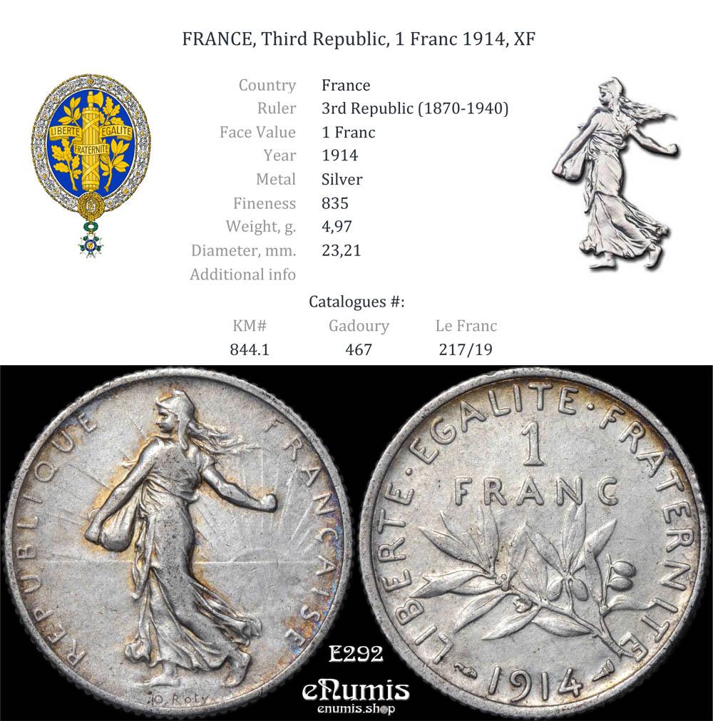 FRANCE, Third Republic, 1 Franc 1914, XF