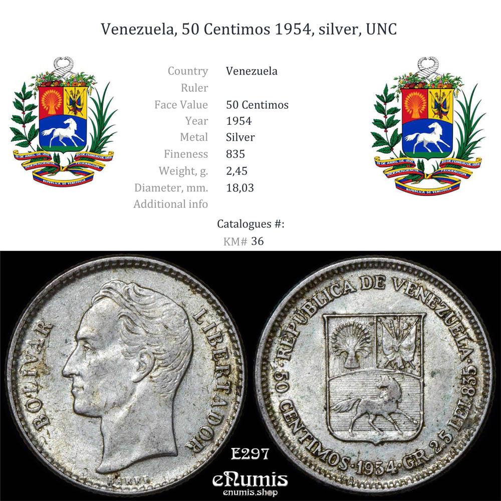 Venezuela, 50 Centimos 1954, silver, UNC