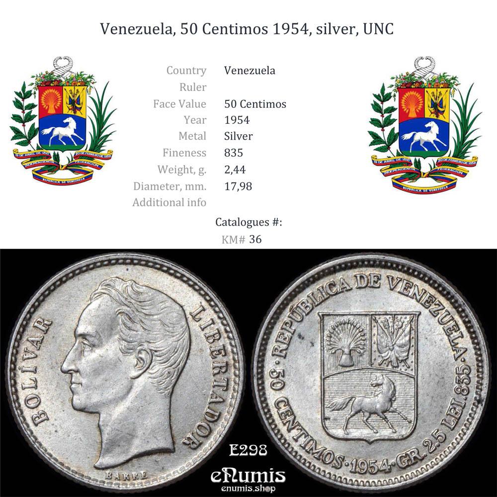 Venezuela, 50 Centimos 1954, silver, UNC