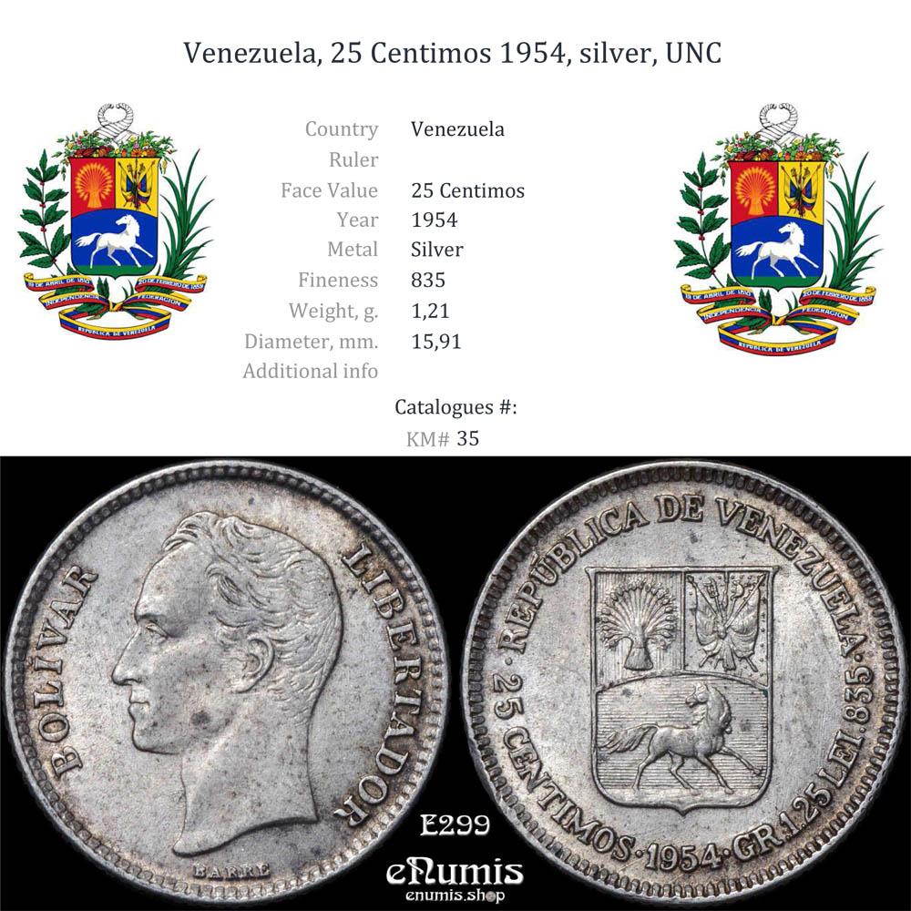 Venezuela, 25 Centimos 1954, silver, UNC