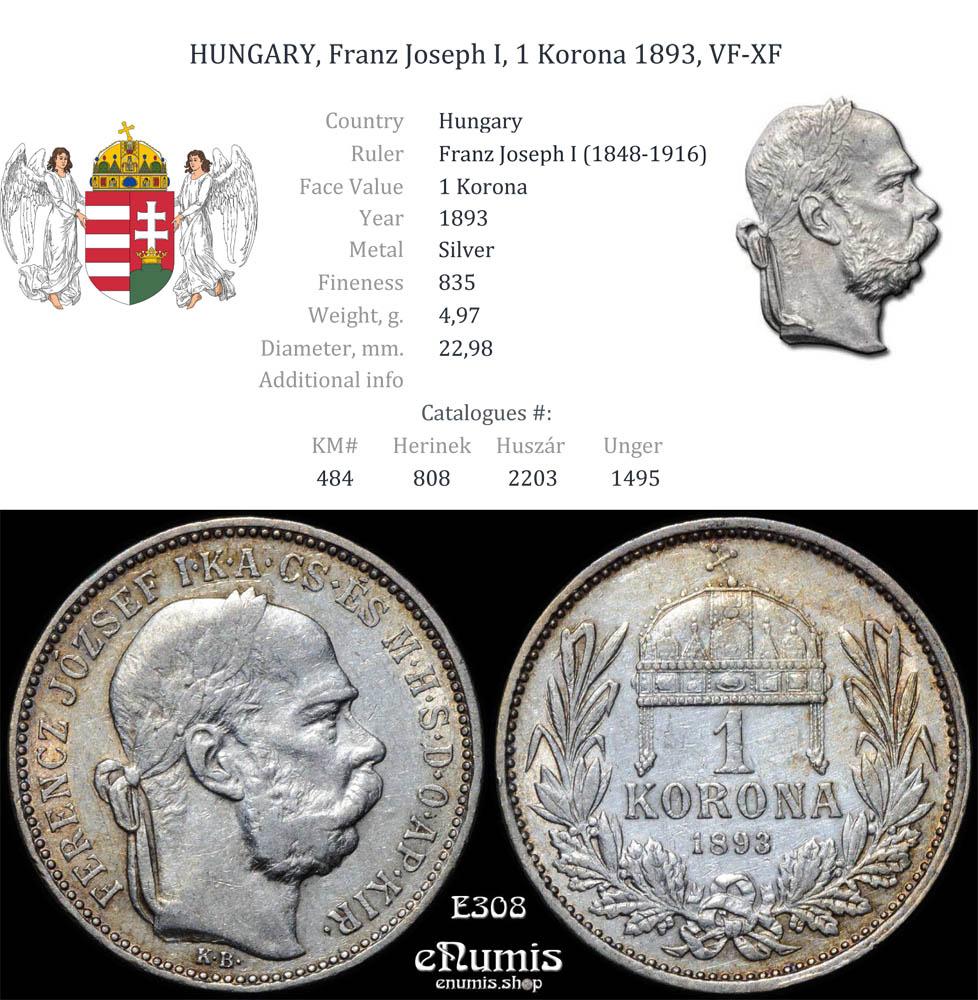HUNGARY, Franz Joseph I, 1 Korona 1893, VF-XF