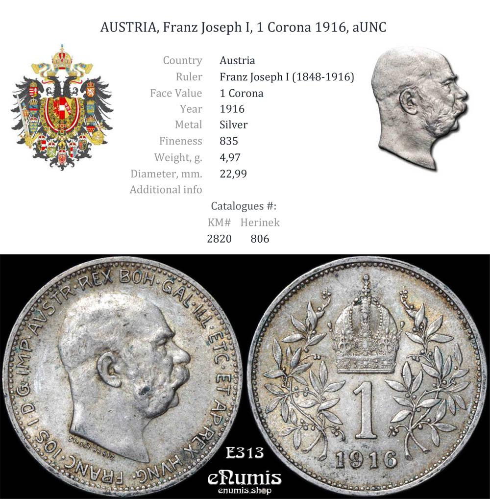 AUSTRIA, Franz Joseph I, 1 Corona 1916, aUNC