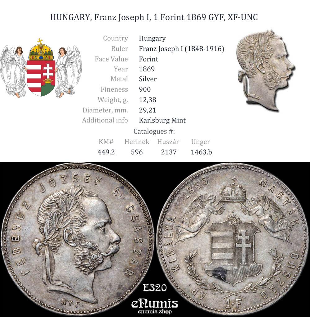 HUNGARY, Franz Joseph I, 1 Forint 1869 GYF, XF-UNC