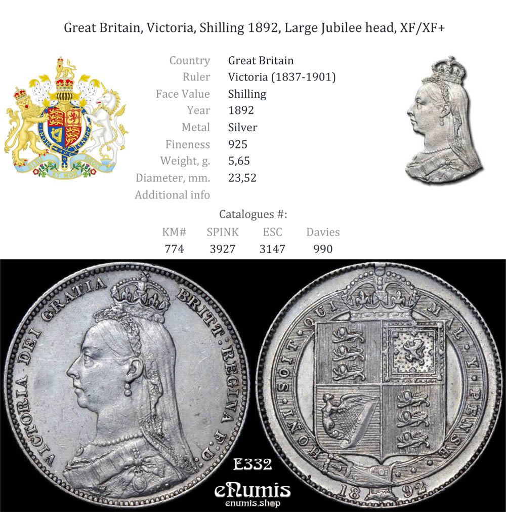 Great Britain, Victoria, Shilling 1892, Large Jubilee head, XF/XF+
