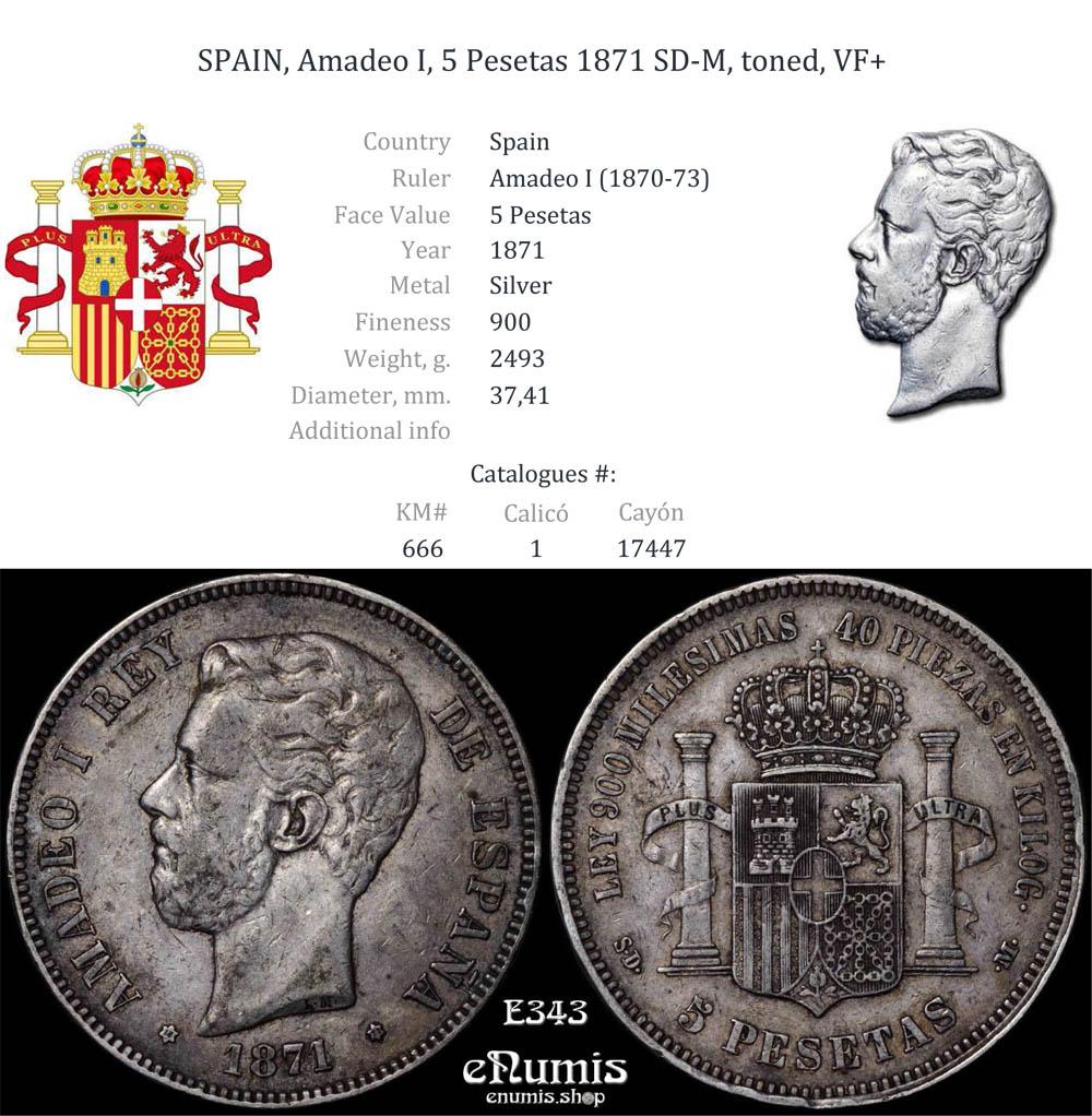 SPAIN, Amadeo I, 5 Pesetas 1871 SD-M, toned, VF+
