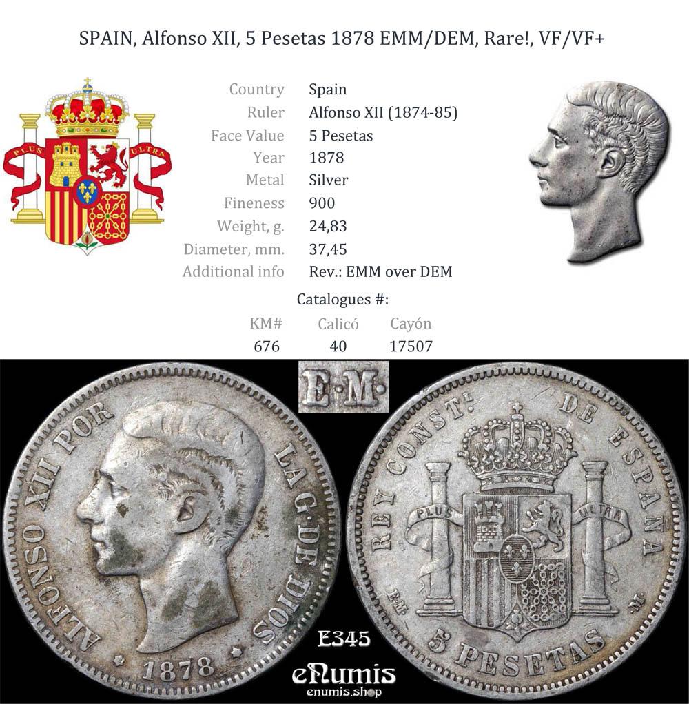SPAIN, Alfonso XII, 5 Pesetas 1878 EMM/DEM, Rare!, VF/VF+