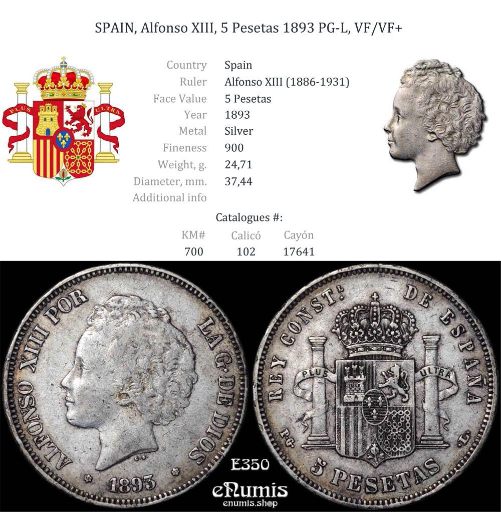 SPAIN, Alfonso XIII, 5 Pesetas 1893 PG-L, VF/VF+ SPAIN, Alfonso XIII, 5 Pesetas 1893 PG-L, VF/VF+
