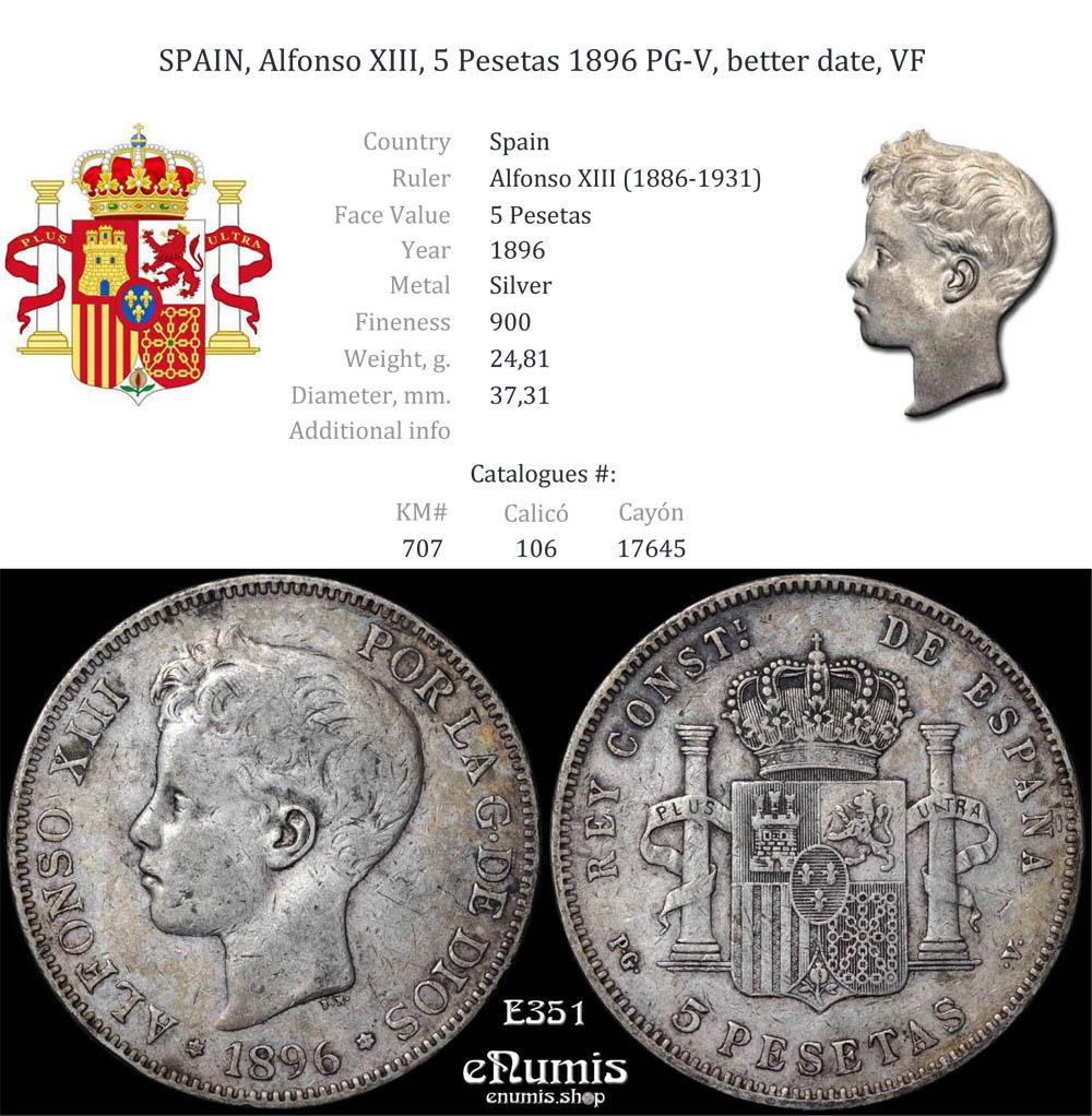 SPAIN, Alfonso XIII, 5 Pesetas 1896 PG-V, better date, VF