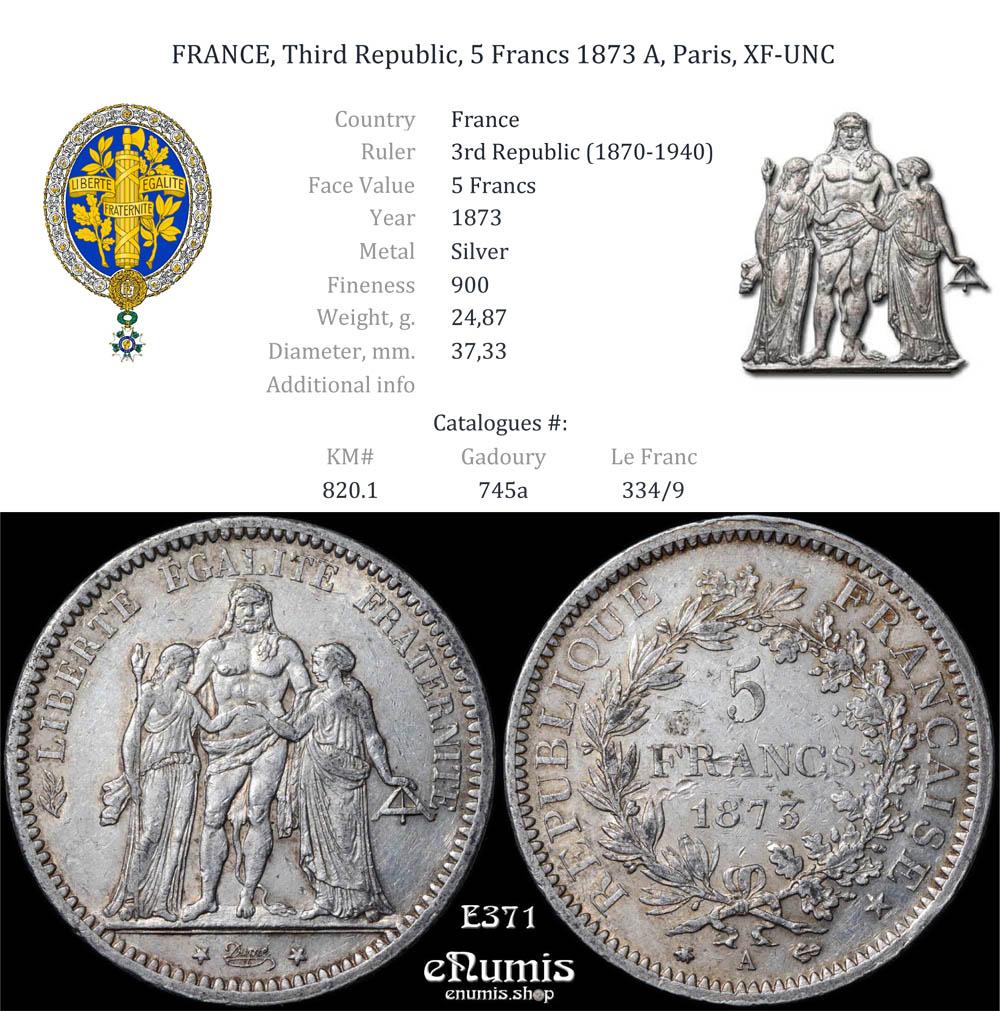 FRANCE, Third Republic, 5 Francs 1873 A, Paris, XF-UNC