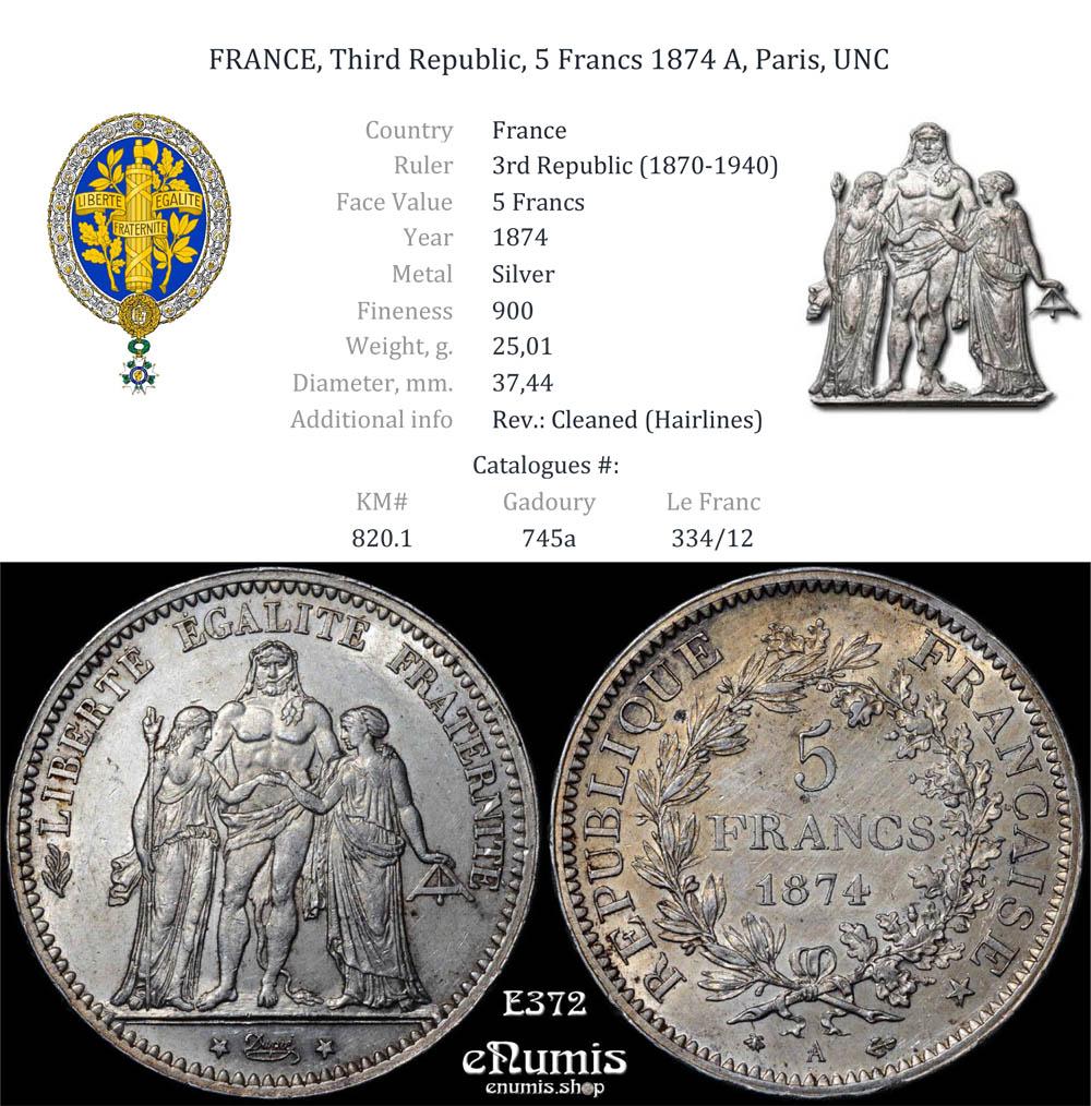 FRANCE, Third Republic, 5 Francs 1874 A, Paris, UNC