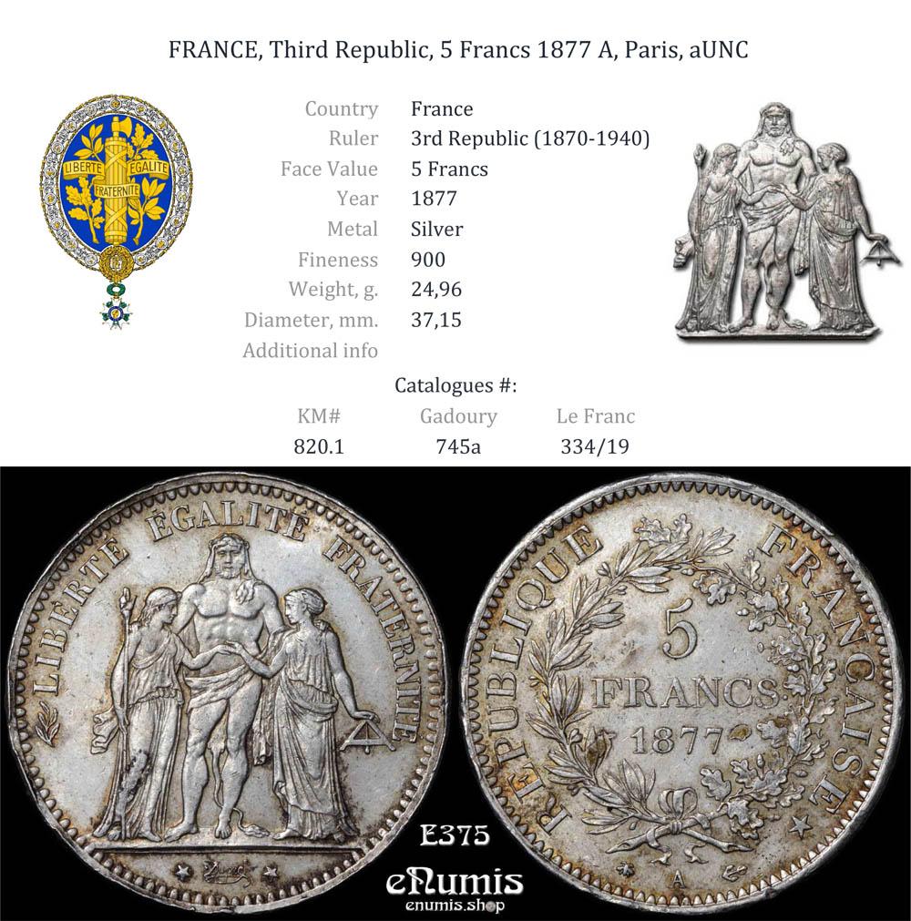 FRANCE, Third Republic, 5 Francs 1877 A, Paris, aUNC