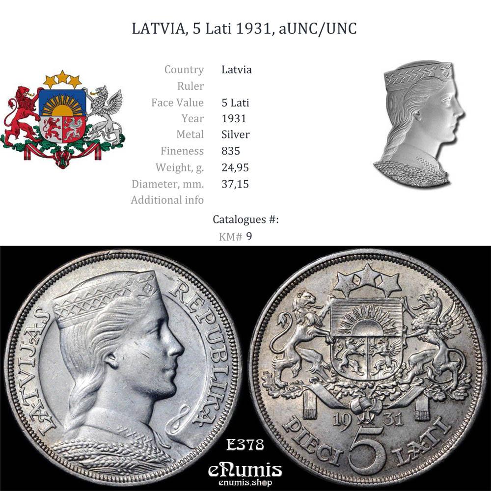 LATVIA, 5 Lati 1931, aUNC/UNC