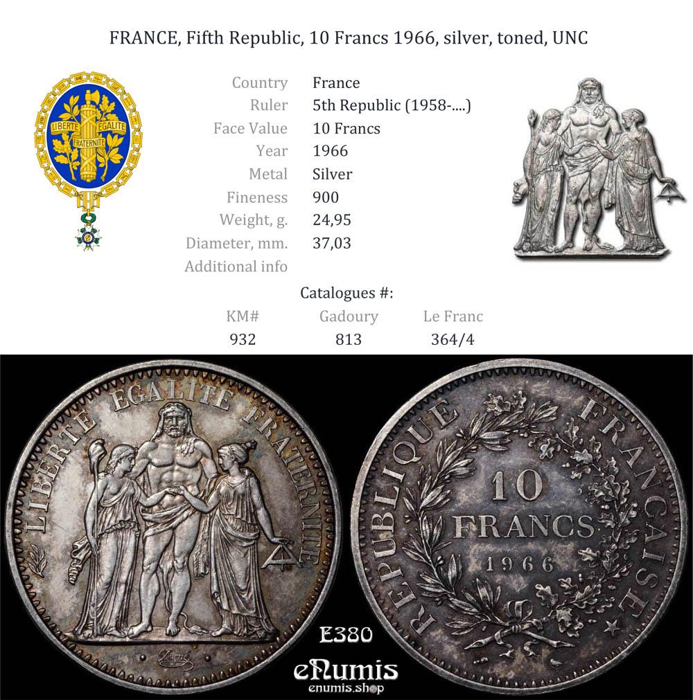 FRANCE, Fifth Republic, 10 Francs 1966, silver, toned, UNC FRANCE, Fifth Republic, 10 Francs 1966, silver, toned, UNC