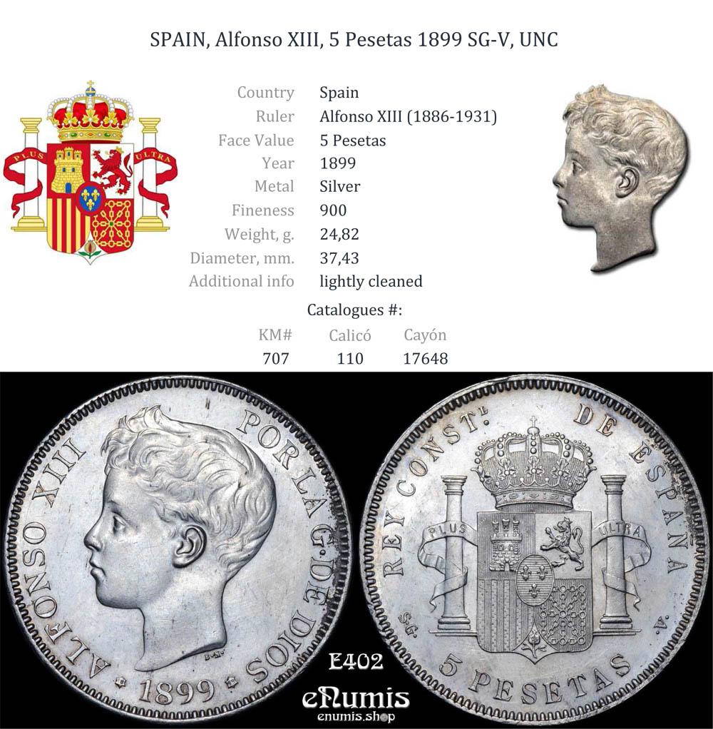 SPAIN, Alfonso XIII, 5 Pesetas 1899 SG-V, UNC